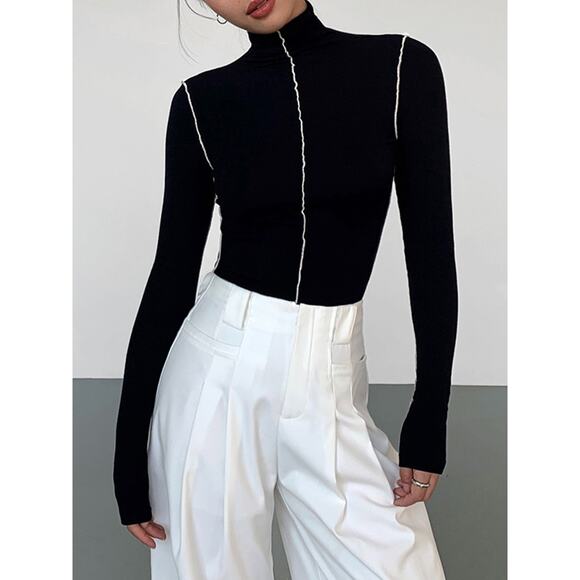 Commense Casual Slinky Turtleneck Contrast Trim Ribbed Knit Shirt Black Large - Picture 1 of 5